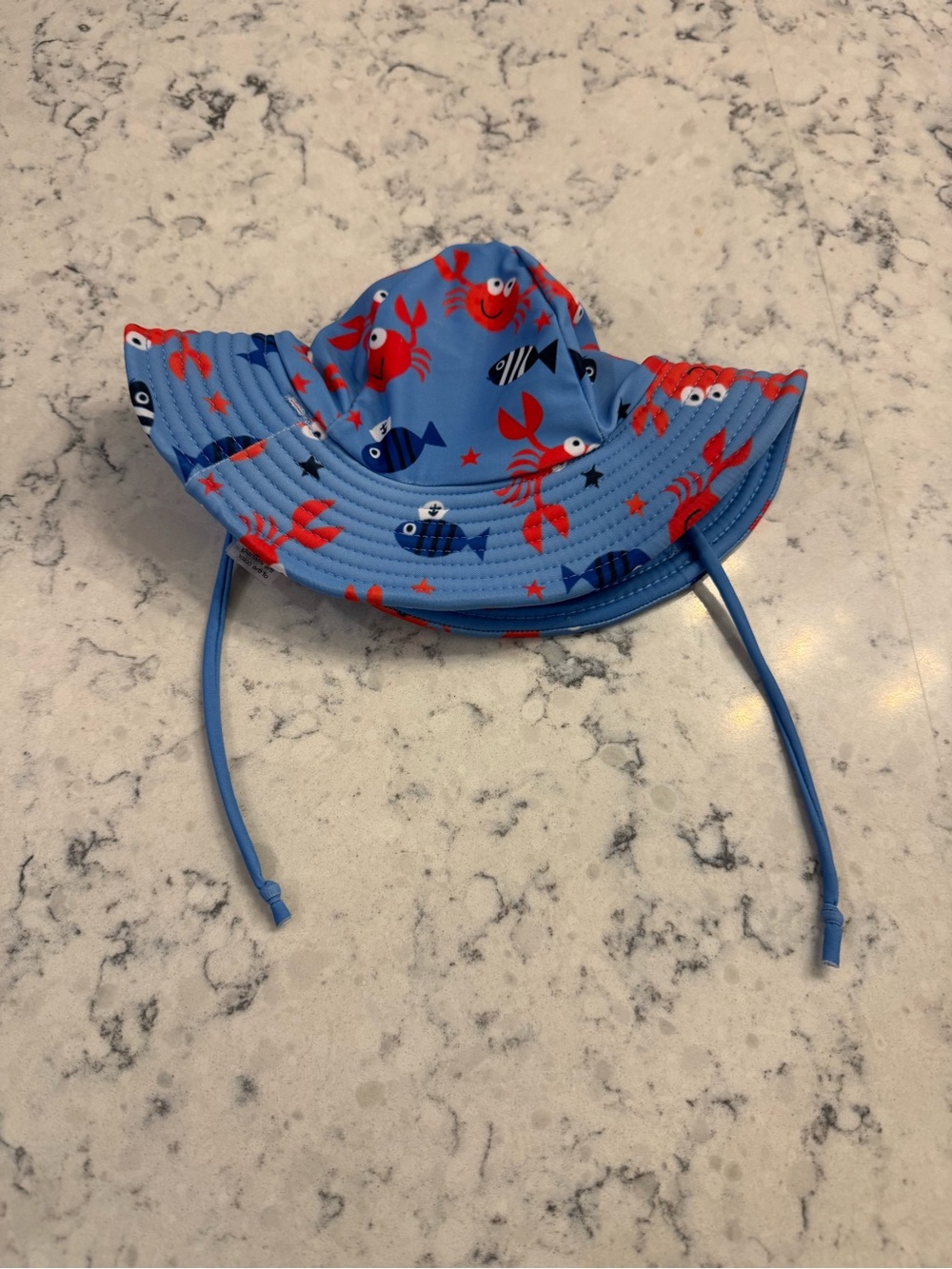 Shark Patrol  Blue Sun Hat with Red Crab & Fish Print. Chin strap. 6mo. Swimming